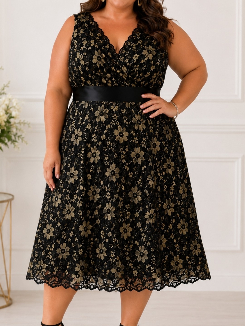 Igigi Black Gold Floral Lace Dress 18/ 20..wedding Special Occasion Party